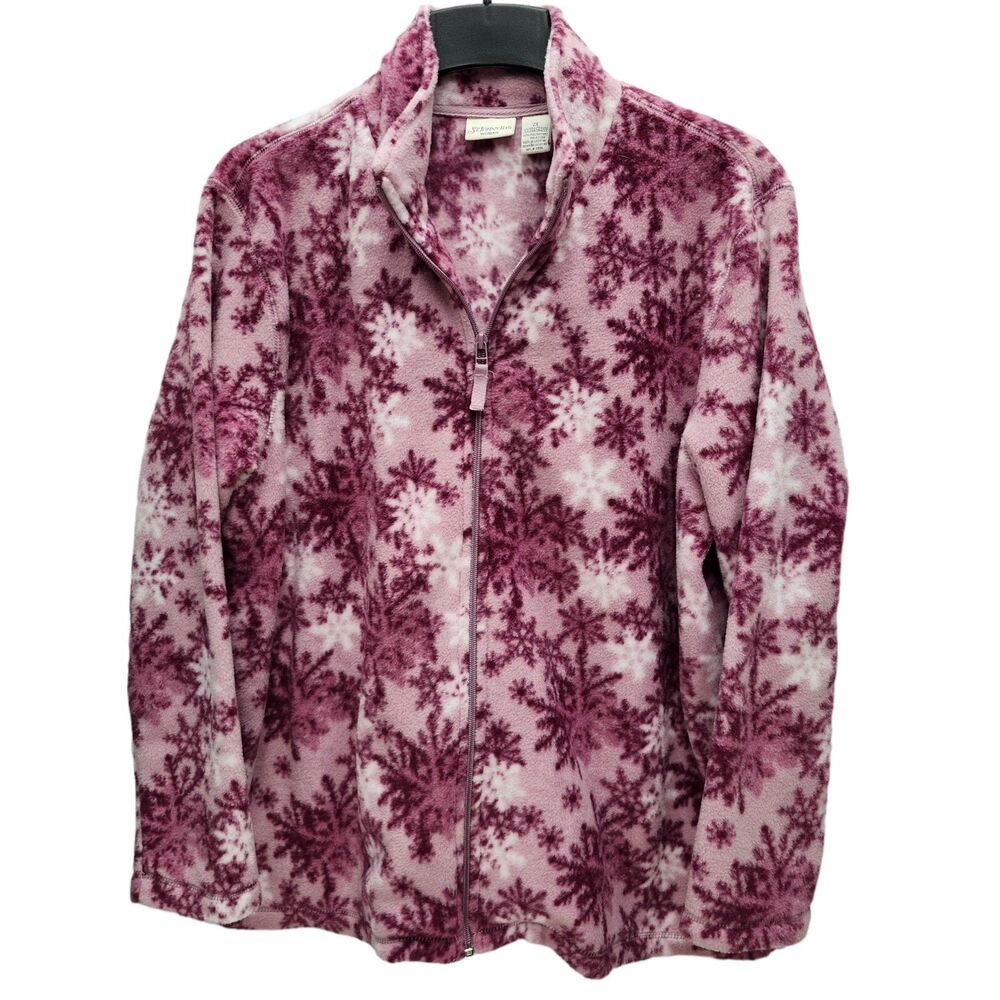 St Johns Bay Fleece Jacket Womens 2X Pink Purple Snow Flakes Vintage 90s Casual